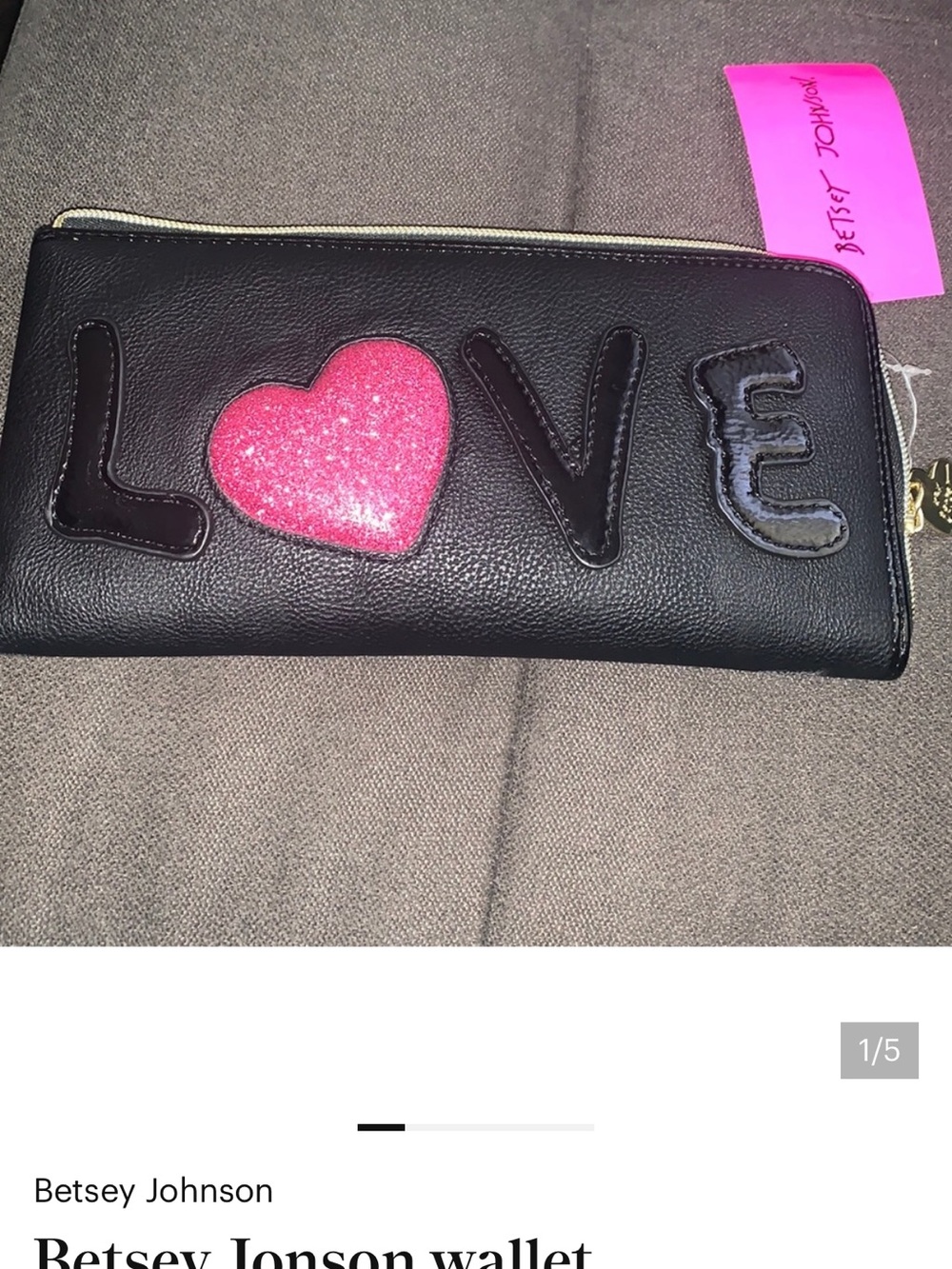 Betsey Johnson Black Wallet with Pink Glitter Heart LOVE Appliqué